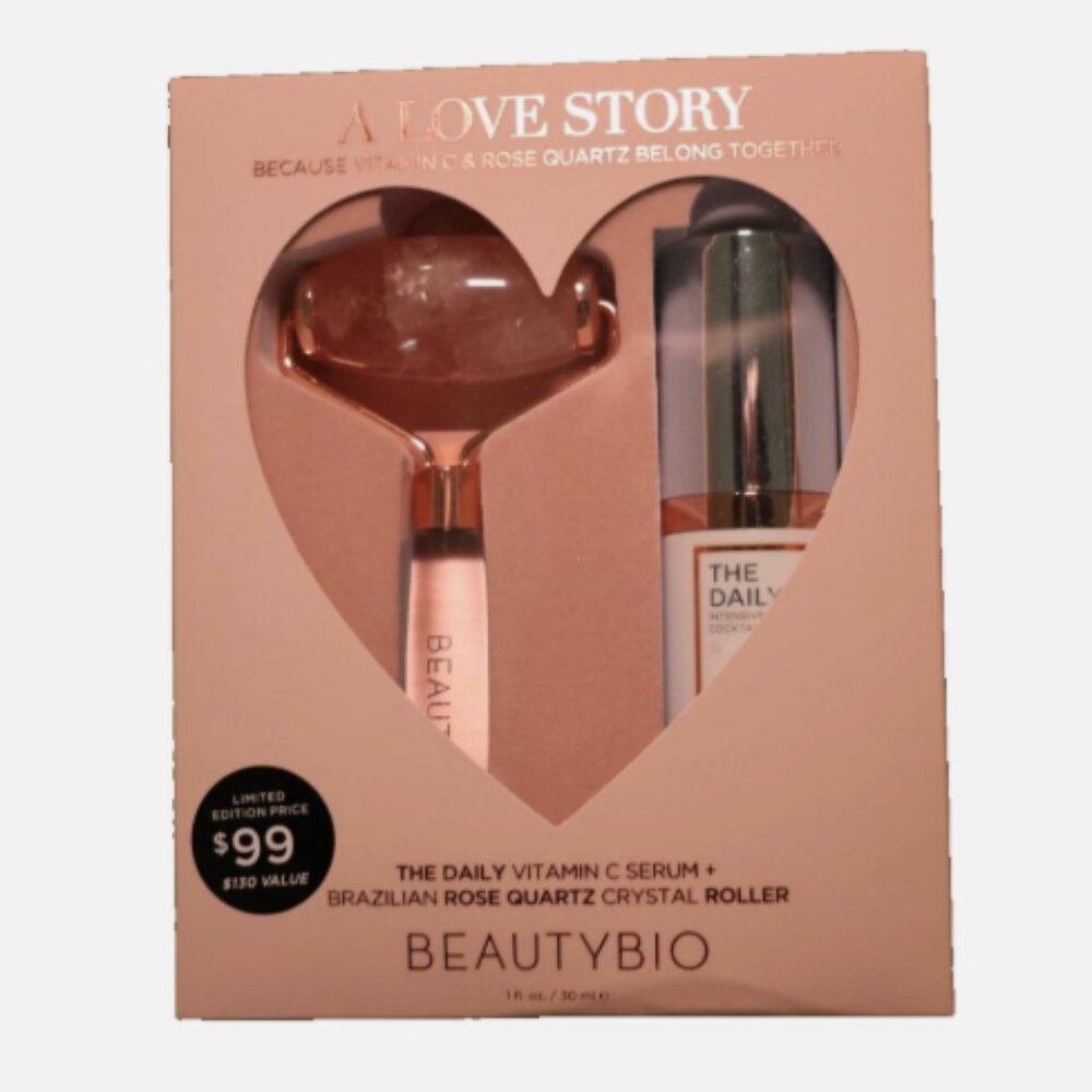 Beauty Bio The Daily Vitamin C Serum 1 Fl Oz + Rose Quartz Crystal Roller NIB
